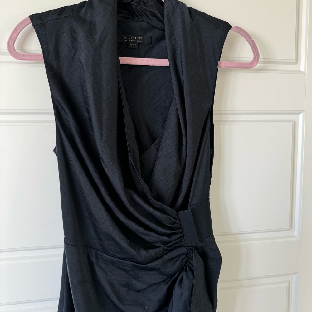 All Saints Ruched Cancity Draped Wrap Sleeveless Dress Navy Blue US 4 - Picture 4 of 8